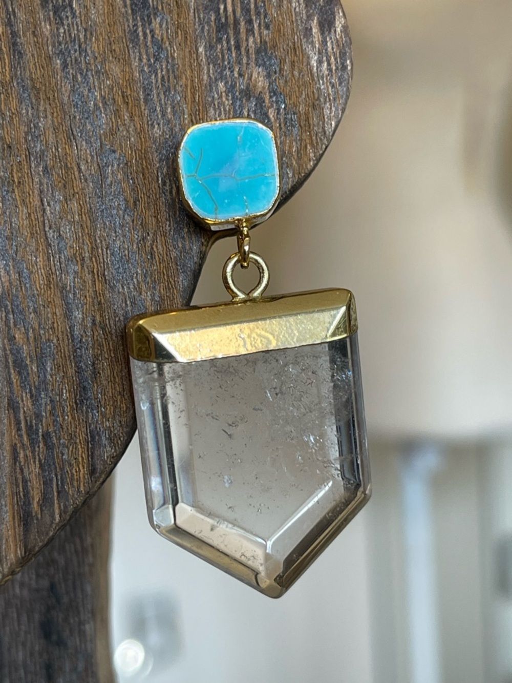 Gold-Tone Earrings with Turquoise Studs and Clear Crystal Drops - Picture 4 of 8
